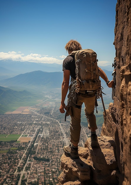 Summit Conqueror Um alpinista destemido subindo o penhasco da montanha rochosa Generative Ai