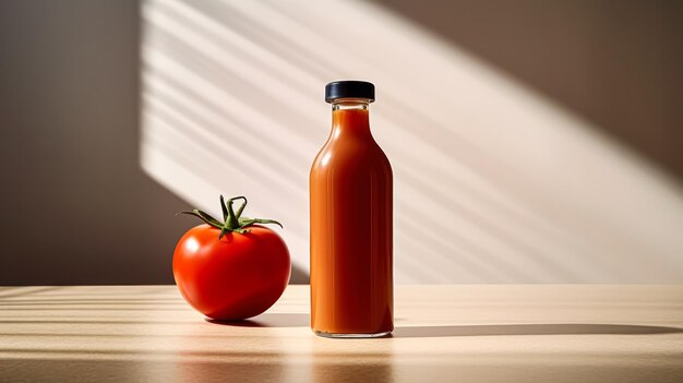 sumo de tomate numa garrafa de vidro