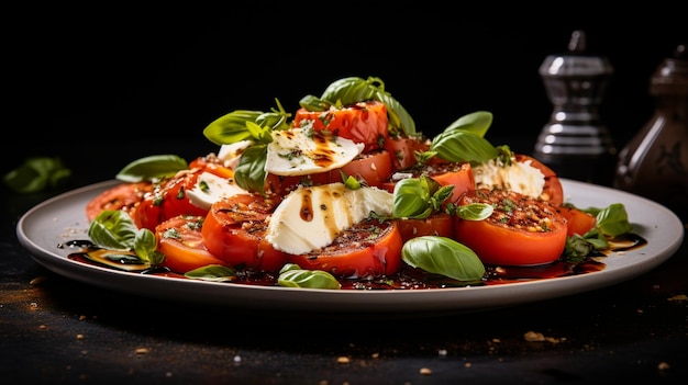 Sumptuosa cena de fotografia de comida Salada de mozzarella de tomate elegantemente revestida em uma mesa escura creatina