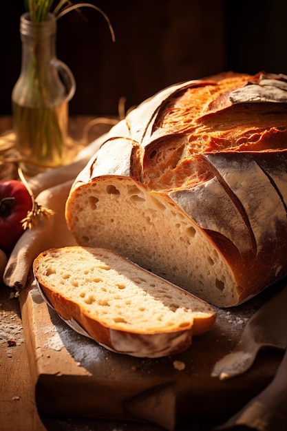 Sumptuosa composição tentadora de um pão rústico fresco rasgado para revelar o seu suave e quente