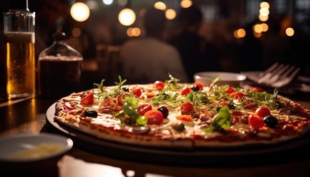 Foto sumptuosa pizza en un restaurante italiano cálido y suave resplandor de las luces dorado y corteza crujiente