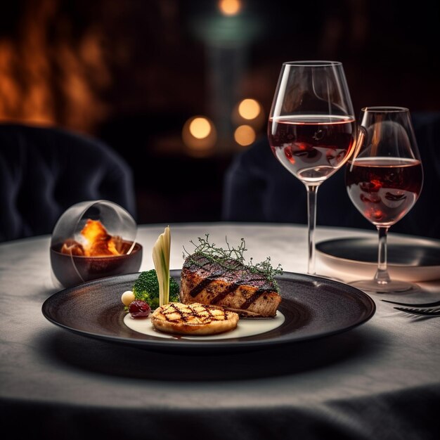 Foto sumptuosas delícias culinárias, desde bifes a sobremesas decadentes e vinho requintado na mesa