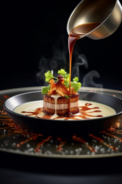 Foto sumptuosas delícias culinárias, desde bifes a sobremesas decadentes e vinho requintado na mesa