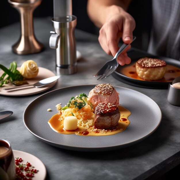 Foto sumptuosas delícias culinárias, desde bifes a sobremesas decadentes e vinho requintado na mesa