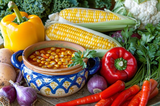 Sumptuoso maíz y colorido biscoito de verduras de jardín