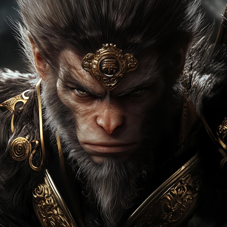 Sun Wukong con una espada y una corona de oro en la cabeza