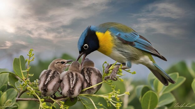 Sunbird nectarinia jugularis macho alimentando filhotes recém-nascidos no ramo