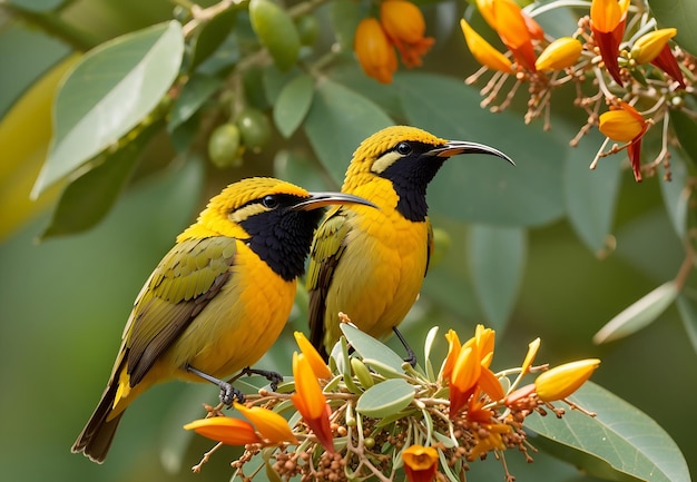 Sunbirds OliveBacked alimentando a criança Cinnyris Jugularis