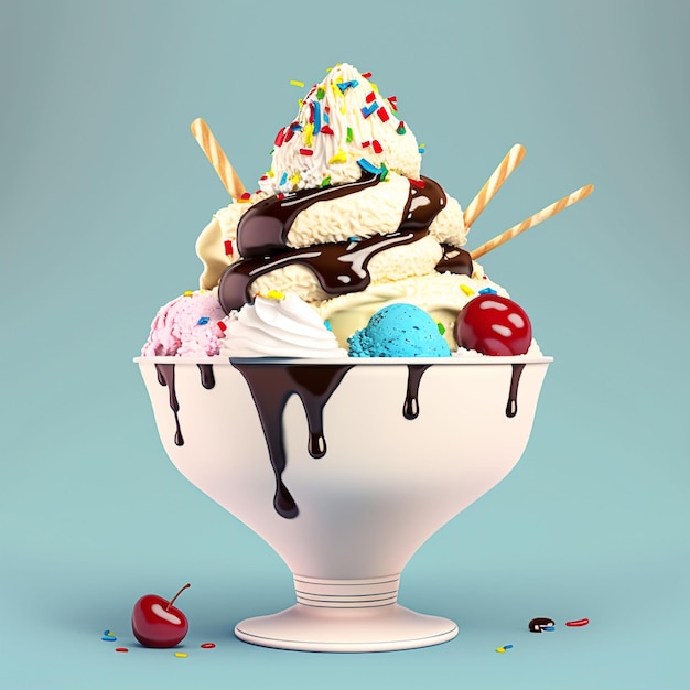 Sundae de sorvete realista com ilustração de calda de chocolate Generative ai