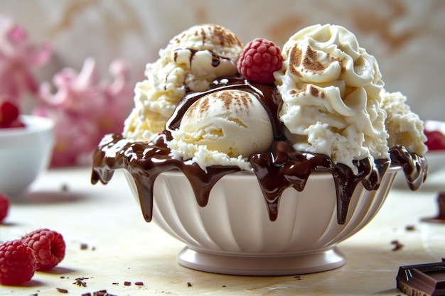 Sundae elegante com framboesas e chocolate