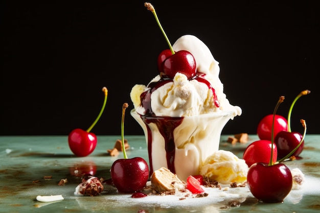 Sundae de helado con cerezas y crema batida en la mesa IA generativa