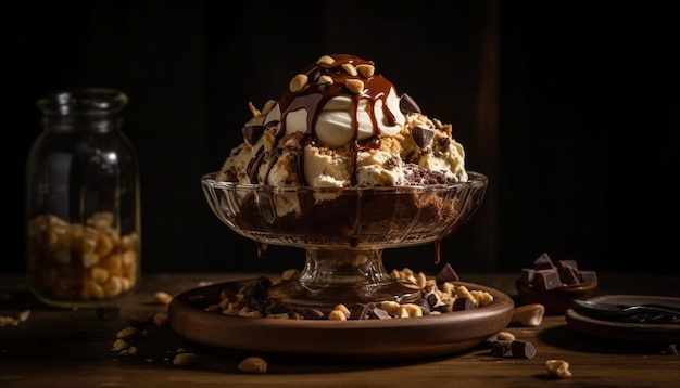 Sundae de helado de chocolate dulce sobre madera rústica generado por IA