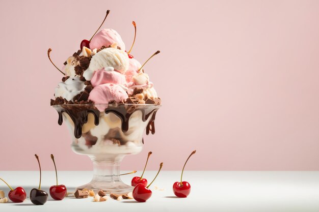 Sundae de helado en un tazón de vidrio en capas con varios sabores con chocolate y cerezas en la parte superior