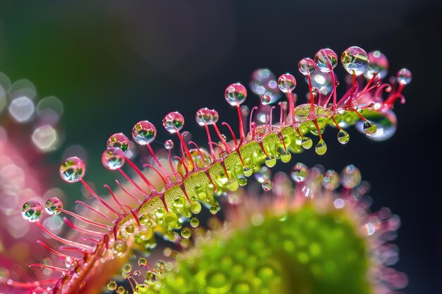 Sundew Uma planta carnívora exótica com gotículas de ácido em suas folhas insectívoras de perto