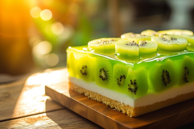 Foto sunkissed kiwi glasurkuchen auf holzbrett kulinarisches vergnügen