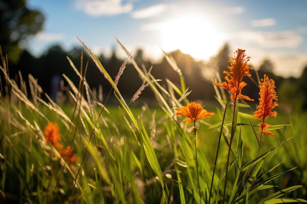 Foto sunlit serenity flores silvestres e gramíneas bascam-se no brilho de verão ia geradora