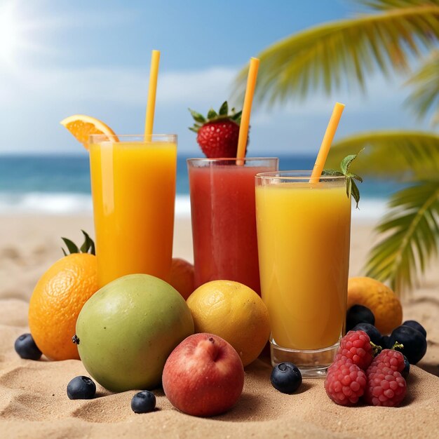 Sunny Beach Bliss Closeup Frutas e Suco Refrescante