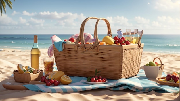 Sunny Beach Picnic Delight Um refúgio sereno com cesta e bolsa