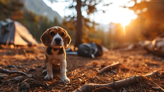 Sunny Escapade Camping Freizeit mit einem niedlichen Beagle-Zelt und Nature Generative AI