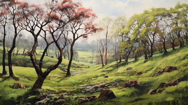 Sunny Hillside pintura a óleo com árvores estilo Clyde Caldwell