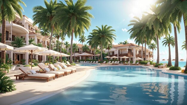 Sunny Oasis A Tropical Hotel Resort Front com piscina, espreguiçadeiras e palmeiras
