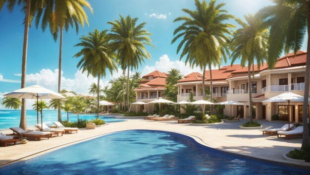 Sunny Oasis Un hotel tropical frente al complejo con piscina, tumbonas y palmeras