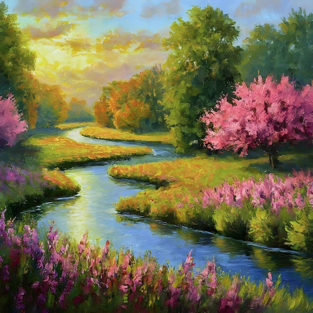 Sunny Riverbank Bliss Lebendige Sommerlandschaft mit rosa Blumen und Bäumen Microstock Image