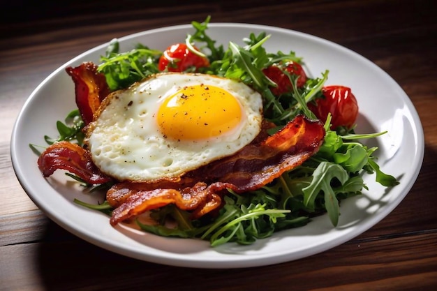 Sunny Side Up Ovos com rúcula frita crocante e tomates em prato branco em uma mesa de madeira