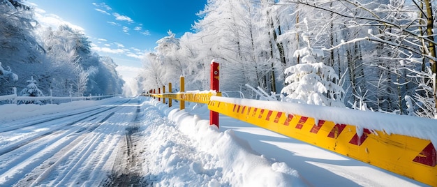 Sunny Snowy Barrier A divisão vermelho-amarelo na floresta