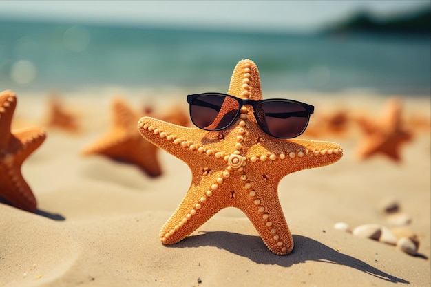 Foto sunny vibes elegante estrella de mar balanceándose gafas de sol en la playa