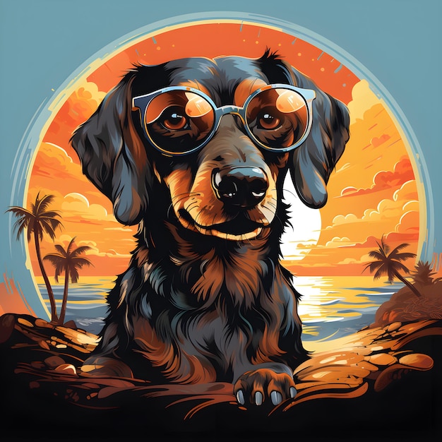 Sunny Vibes Frecher Dackel in Sunset Shades Cartoon-T-Shirt und Wandkunst-Design