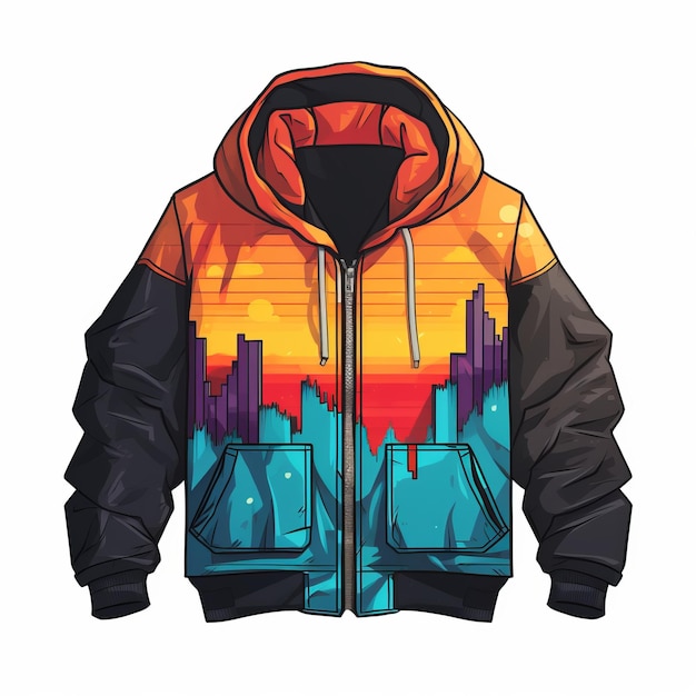 Sunset City Hoodie Jacket Detailliertes Charakterdesign mit Neonfarben