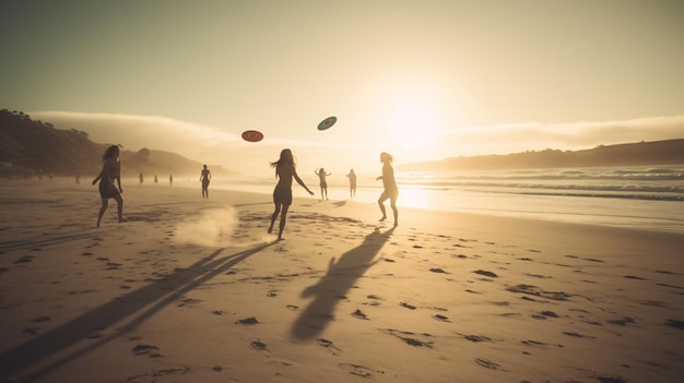 Sunset Frisbee Fun on the Beach Generative AI