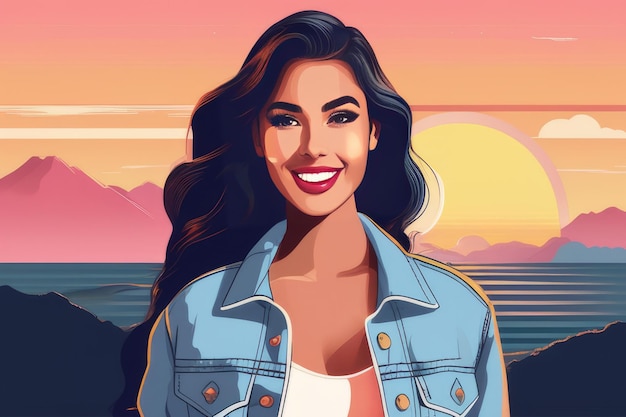 Foto sunset glow mulher sorridente em jaqueta de denim ilustração vetorial plana