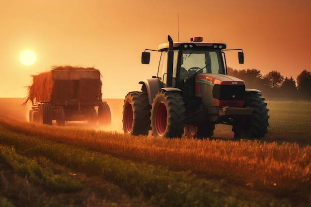 Sunset Harvest Moderner Traktor auf dem Feld erzeugte KI