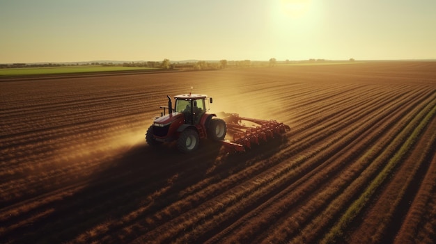 Sunset Harvest Vista aérea de campos modernos arados por tractores que muestran tecnología agrícola avanzada