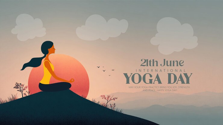 Sunset Illustration for International Yoga Day with a Woman in Tree Pose
