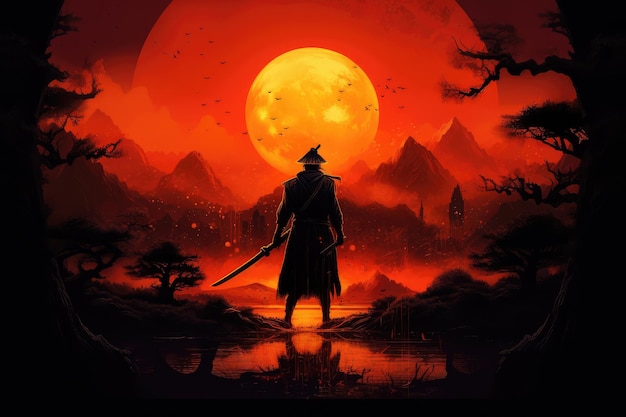 Sunset Katana Warrior Japanisch inspirierte Illustration