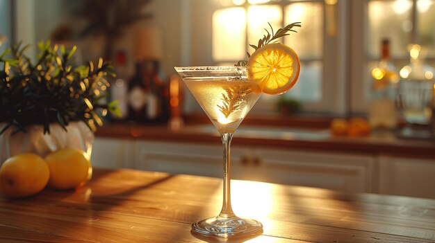 Sunset Martini Cocktail com Lemon Twist e Rosemary no balcão da cozinha