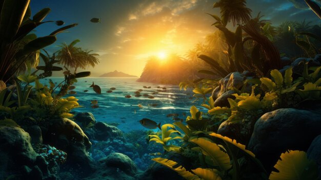Foto sunset reef una escena oceánica inspirada en la biología marina con arrecifes de coral y palmeras