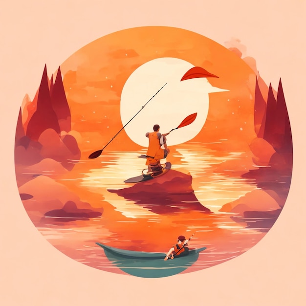 Sunset Serenity Una encantadora aventura de pesca en kayak al estilo Studio Ghibli