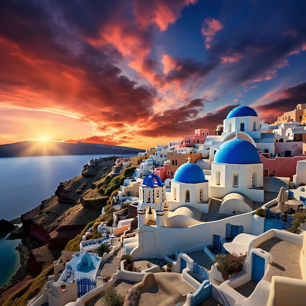 Sunset Serenity Santorini Cliffside Homes em uma ilha grega