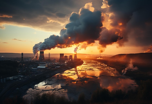 _Sunset Smoke signalisiert Schornsteine in der Abenddämmerung_