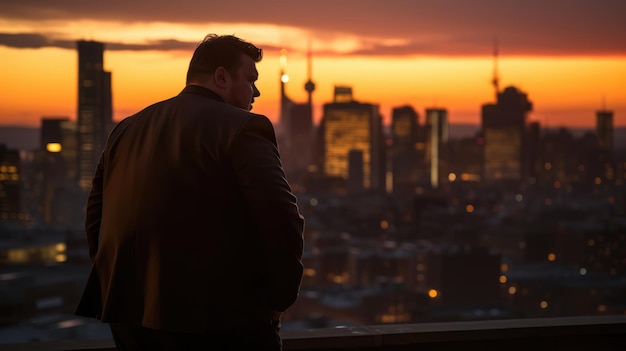 Sunset Thoughts Gerente masculino plussize com vista para a cidade, iluminação crepuscular Nikon D6 70200mm f