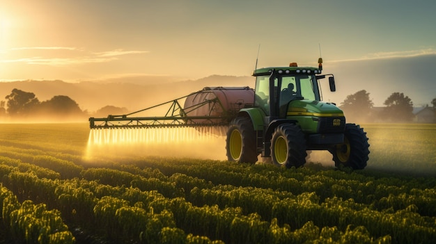 Sunset-Traktor sprüht Pestizide auf Sojabereichen