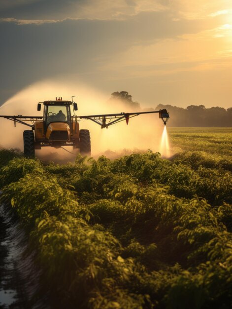 Sunset-Traktor sprüht Pestizide auf Sojabereichen