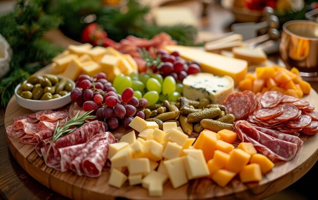 Una suntuosa variedad de quesos, carnes, pepinillos y frutas perfectas para entretener y pastar.