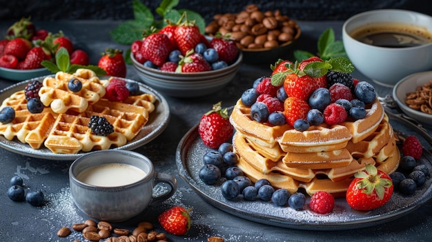 Un suntuoso desayuno ofrecido desde arriba con gofres bayas cafés variados y platos vibrantes AI Generative