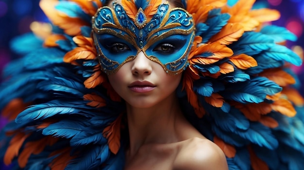 suntuoso traje de plumas de carnaval máscara de carnaval de lujo realista con plumas azules