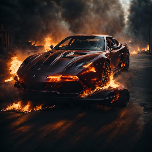 Super carro atravessando o fogo